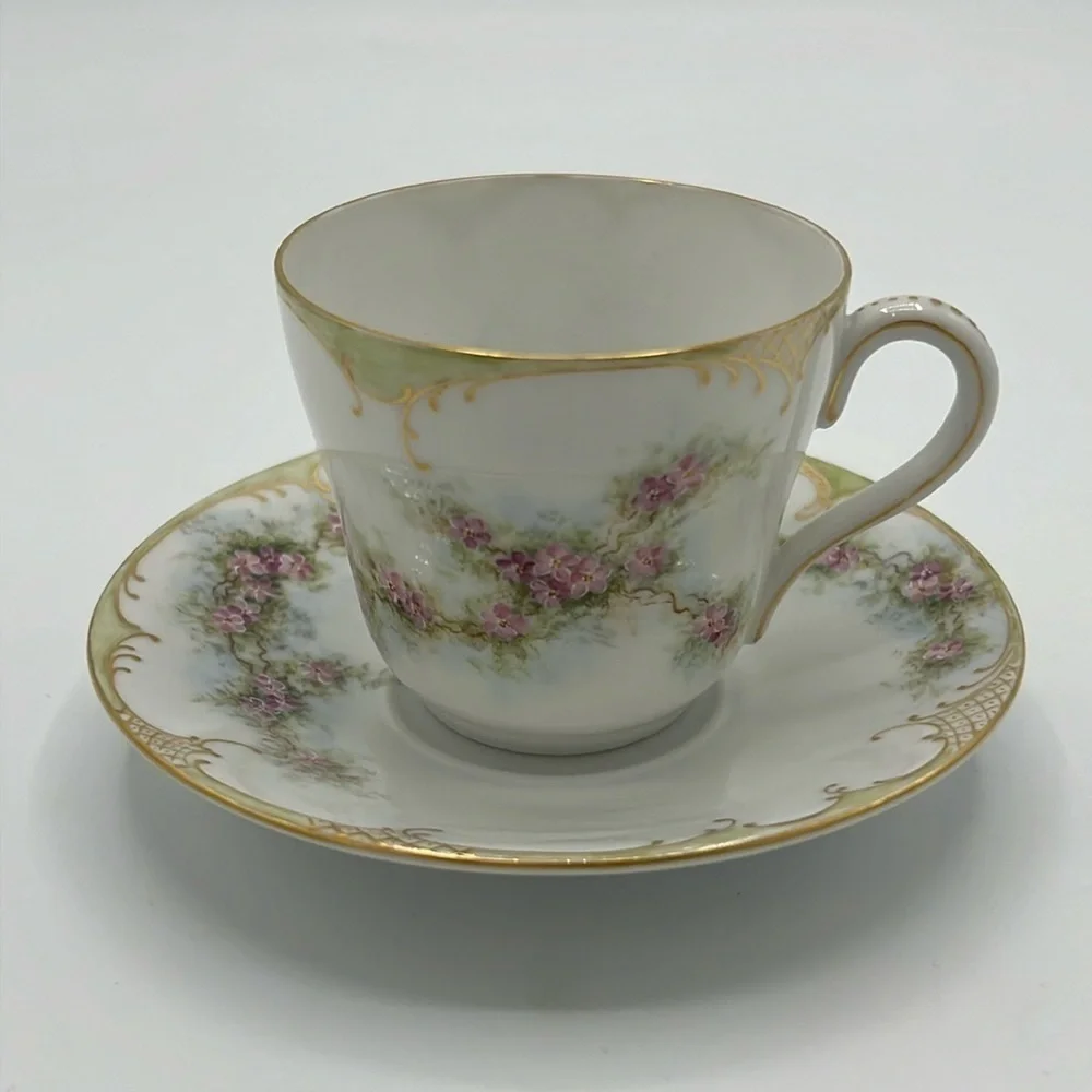THEODORE HAVILAND EARLY 1900’s VINTAGE PINK PURPLE FLORAL TEA CUP AND SAUCER SET